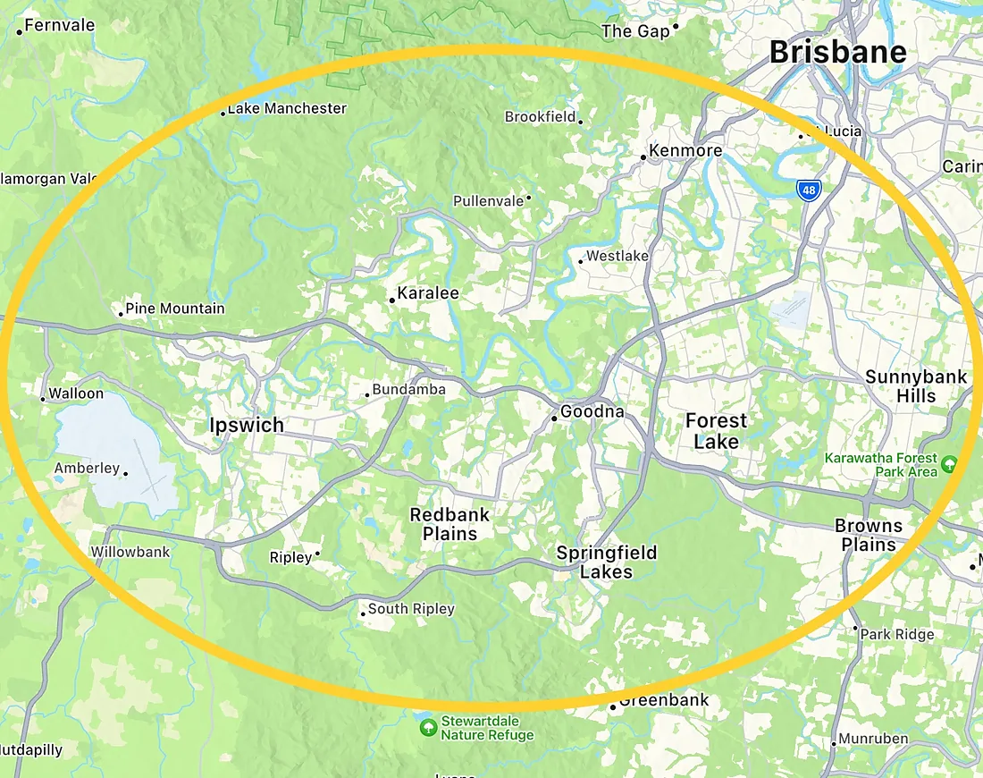 Map of the Cactus Electrical service area: a ring around Ipswich, Springfield Lakes, Goodna, Redbank Plains, Ripley and Forest Lake